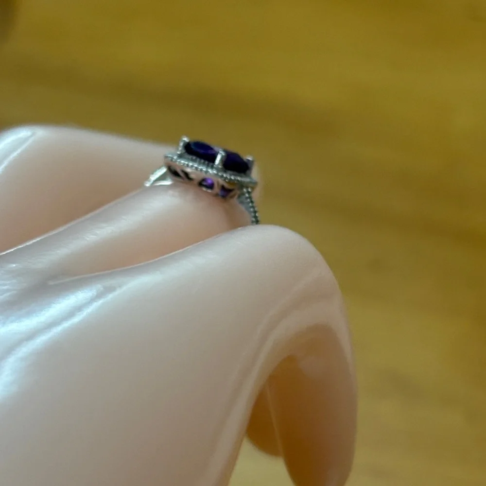 10kt White Gold Cushion Cut Genuine Amethyst and Diamond Halo Ring Size 6 - Picture 6 of 13